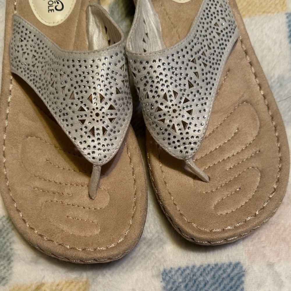 Elegant Silver and Tan Women's Slip On Sandals size 9 M - Picture 1 of 8